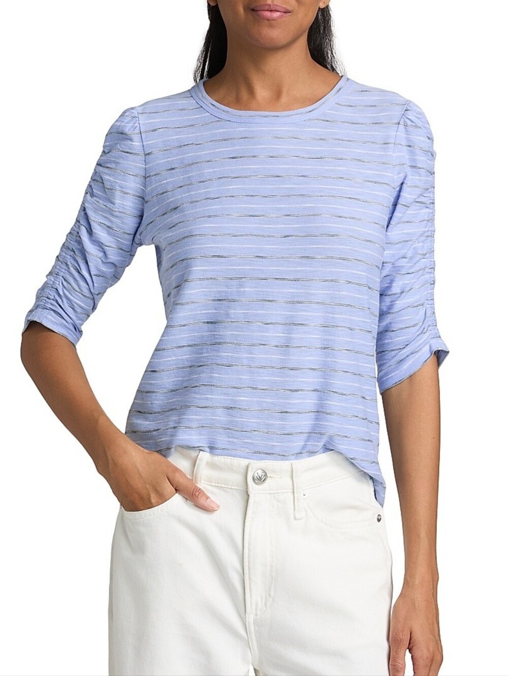NEW Veronica Beard Tee Waldorf Cotton Ruched Blue Striped Medium